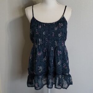 Decree women's size large green pleated tank floral adj strap with lace Y2K